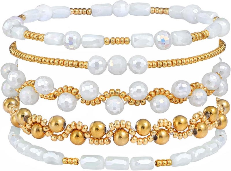 Pymach Store Dainty Gold Plated Pearl Crystal Beaded Bracelets Set for Women 14K Gold Plated Bead Pearl Beads Bracelet Stackable Paperclip Link Chain Bracelets Gold Plated Bracelets for Women Trendy Jewelry - Image 1